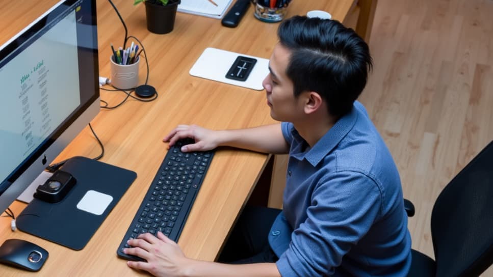 一名戴眼镜的微笑男子坐在电脑前,正在使用数字资产管理解决方案 Ephoto Dam 软件。