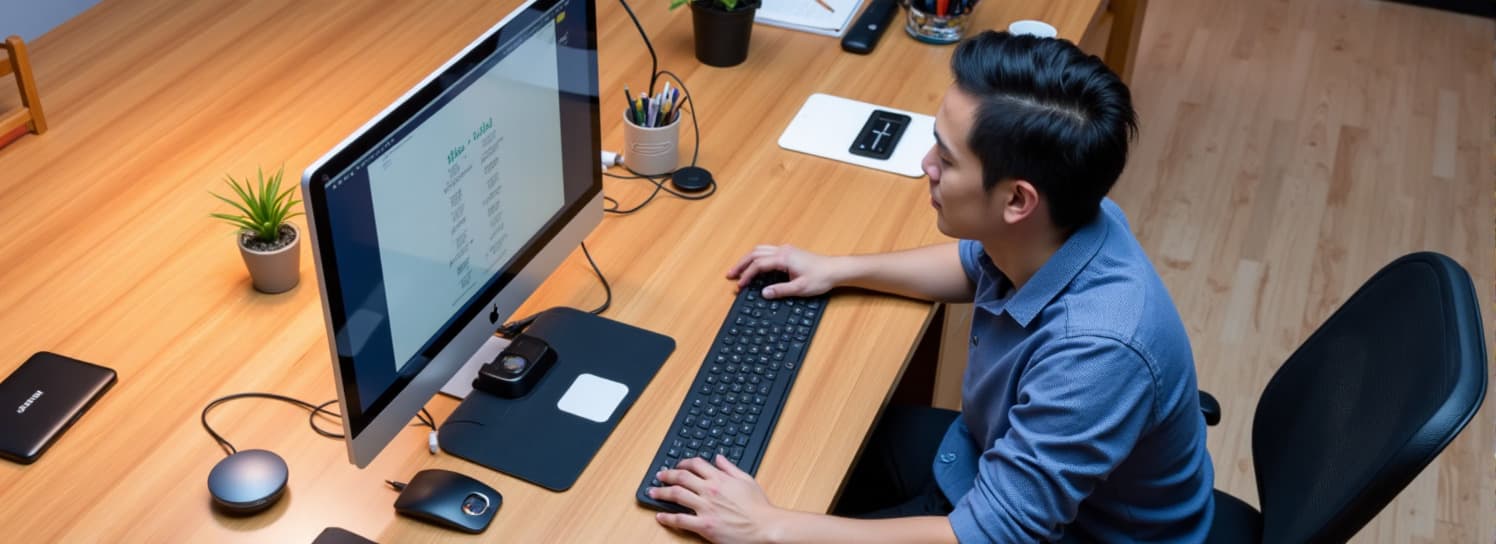 一位女士看着面前的屏幕,用手触摸电脑键盘和鼠标。