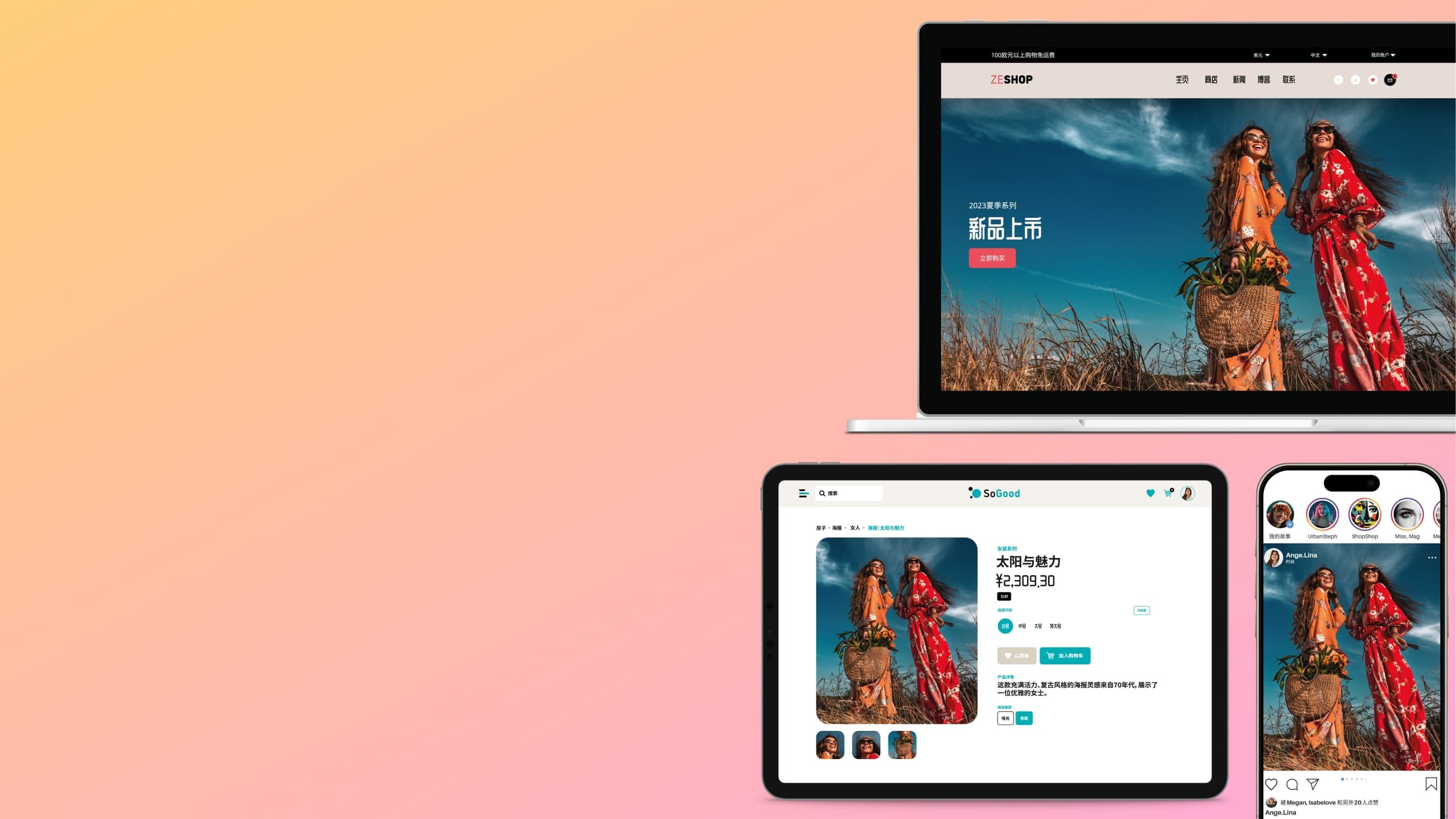 图片显示了一台电脑、一台平板电脑和一部手机，用相同的视觉效果展示了使用 Ephoto Dam 照片库软件分发媒体的不同渠道。