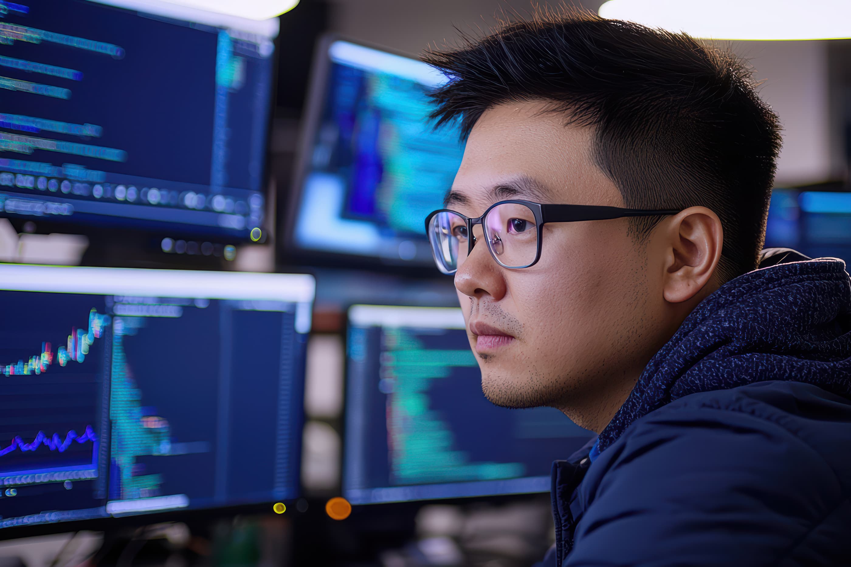 一男一女正在查看电脑屏幕上的 HTML 代码。