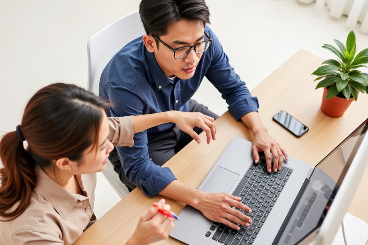 两名男子在会议上使用电脑为 Ephoto Dam 中的媒体编制索引。