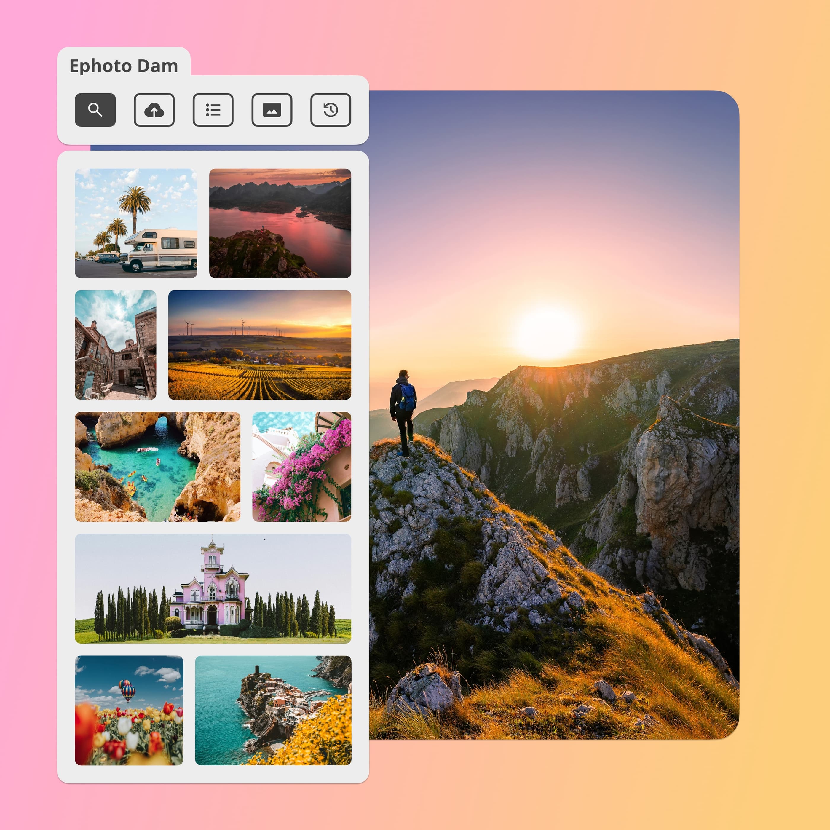 带有媒体网格的 Photoshop Ephoto Dam 插件界面，背景是一名男子在山上。