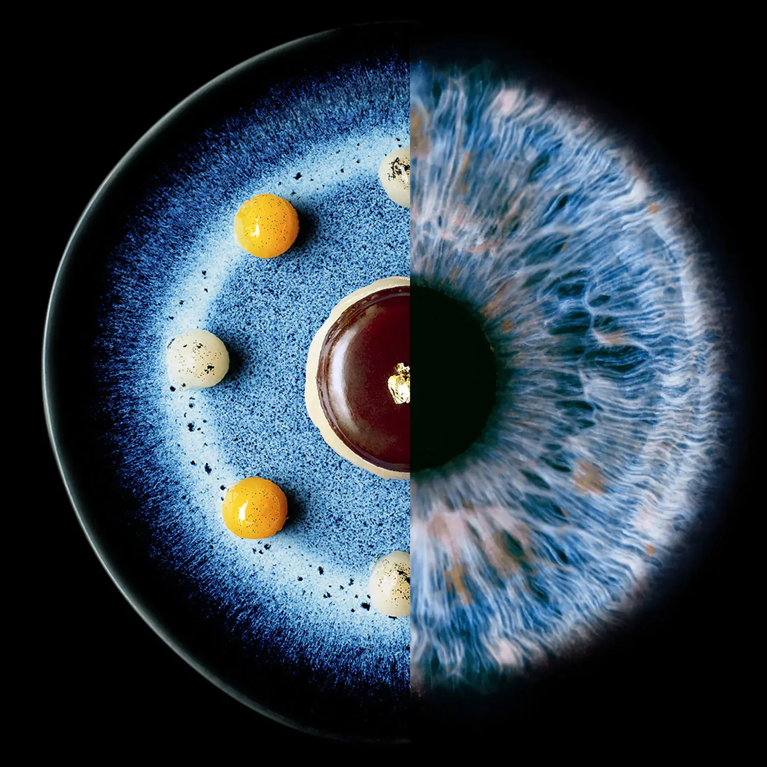 将眼睛一分为二的视觉效果：右边的部分代表眼睛的瞳孔，左边的部分代表蛋糕的视觉效果。