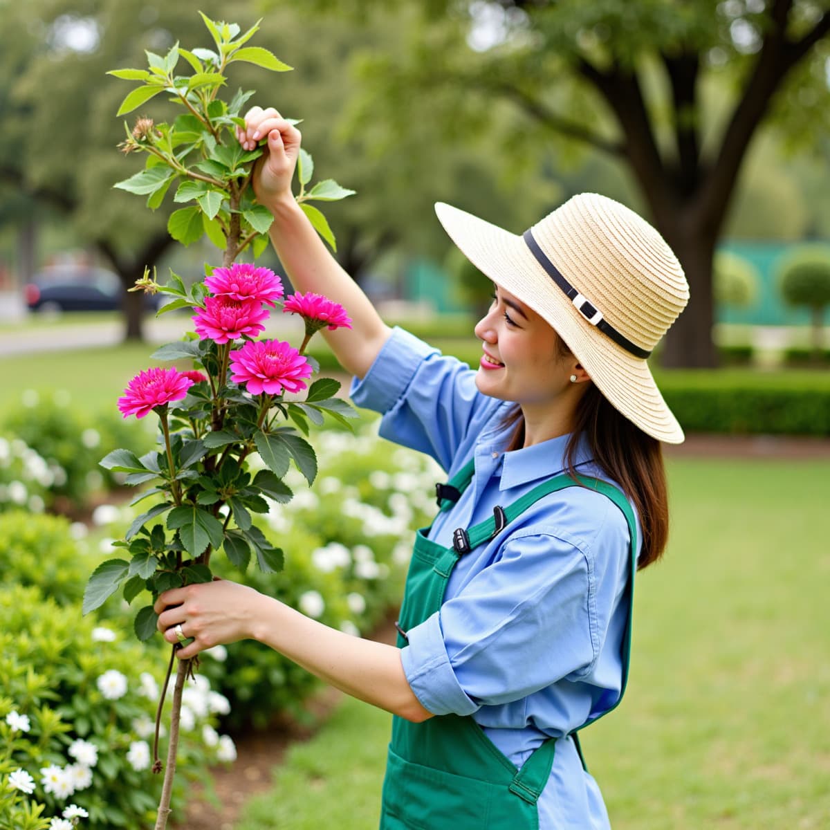头戴一顶帽子、手捧一盆鲜花、在室外花园中园艺的女子,另一只手拿着一把铲子。