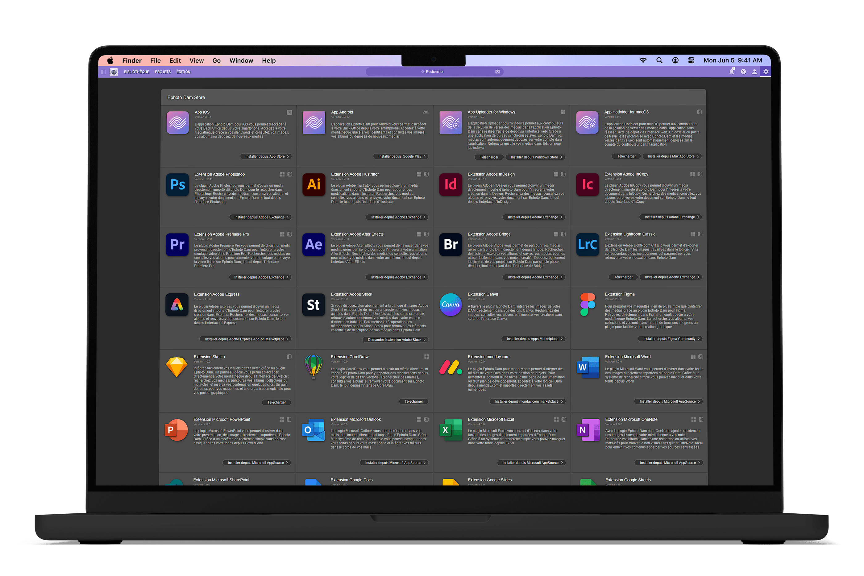 MacBook Pro 显示 Ephoto Dam 插件商店，显示 Ephoto 集成选项的多样性。