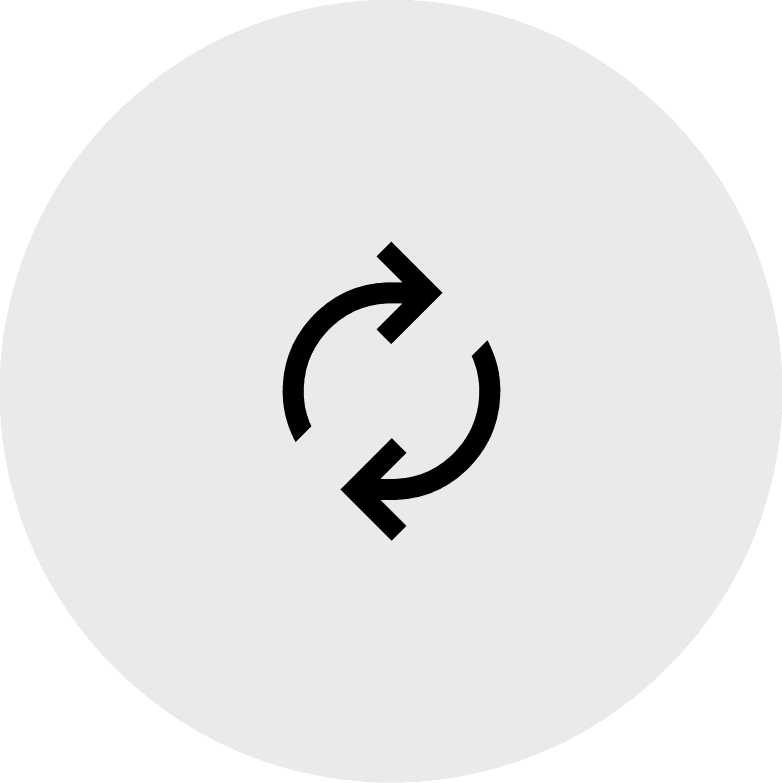 灰色圆形图标，两个黑色箭头组成一个圆圈，表示同步或更新
